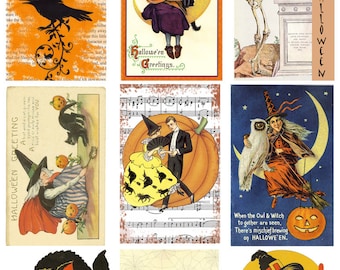 May include: A vintage Halloween collage featuring images of witches, owls, cats, skeletons, and pumpkins. The images are set against a background of orange, yellow, and black. The text "Hallows'en Greetings" and "When the Owl & Witch to gether are seen, There's mischief brewing on HALLOWEEN." are included in the collage.