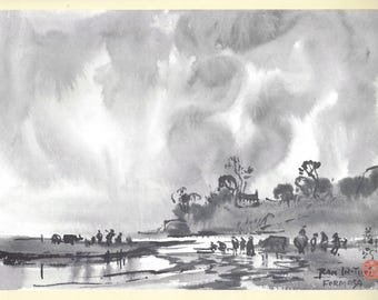 Vintage Ran In-Ting Heavy Weather Ahead Print, Chinese Ink Landscape, Taiwan Art, Junk Journal Ephemera