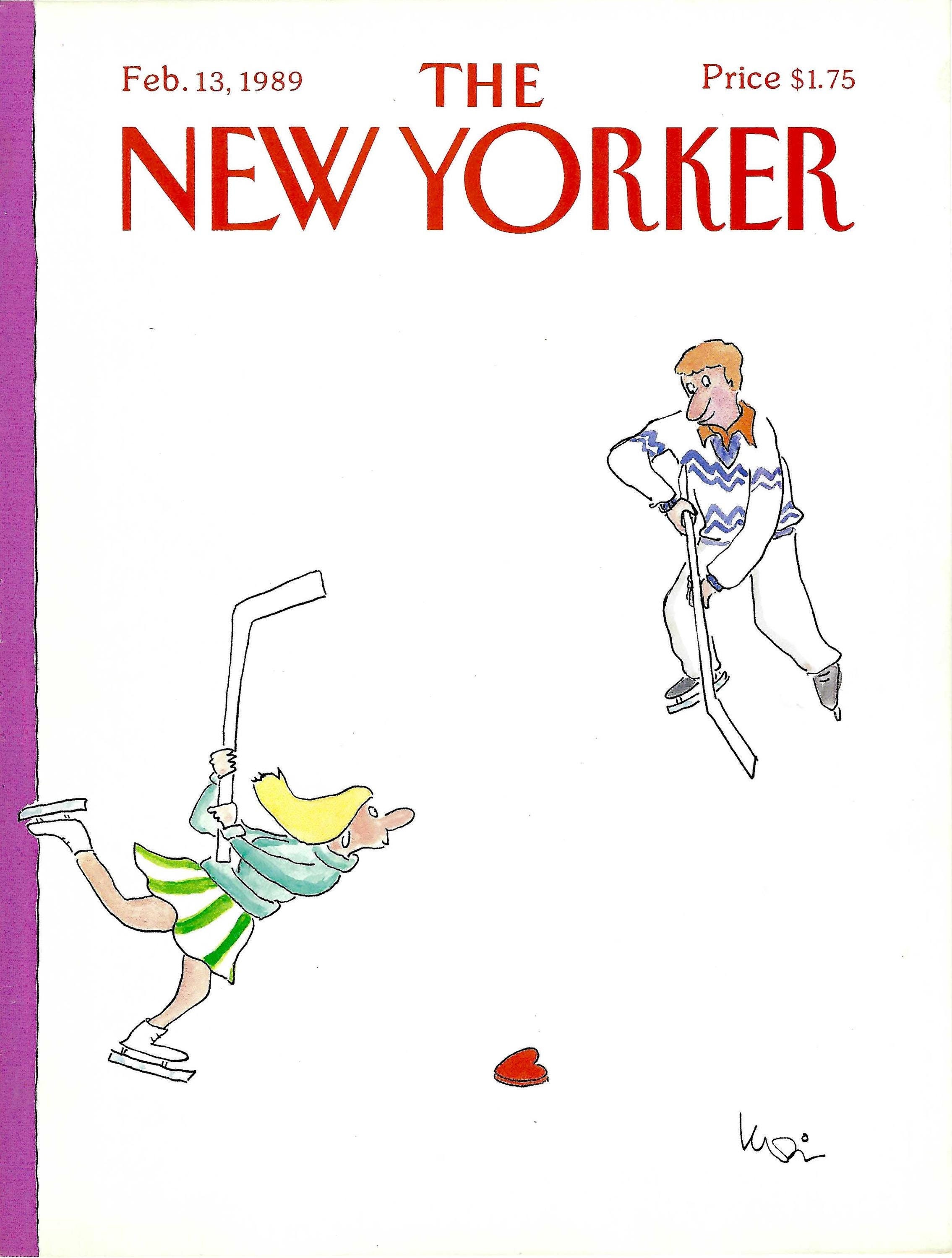 New Yorker Magazine Cover Feb. 13, 1989, A Couple Playing Hockey
