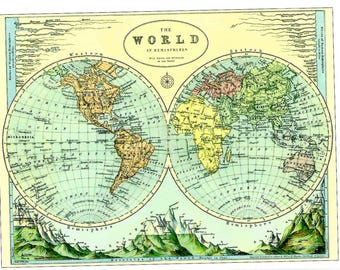 以下が含まれることがあります： 「THE WORLD IN HEMISPHERES」と書かれた、2つの半球に分かれたアンティークの世界地図。大陸、海洋、山脈が描かれ、羅針盤と装飾的な要素が特徴です。黄色、緑、青の色合いです。