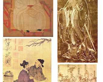 May include: A collage of four images depicting different figures from Chinese history and mythology. The top left image shows a man in a white robe sitting on a throne. The top right image shows a man in a black robe with a long white beard. The bottom left image shows two men in robes sitting on a rock. The bottom right image shows a woman in a crown sitting on a throne with two other figures standing behind her.