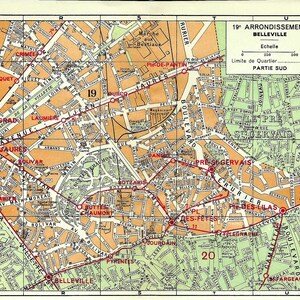 Carte de Belleville vintage 19e arrondissement de Paris à encadrer ou pour collage, scrapbooking, carnet de voyage ou indésirable et Paper Arts PSS 5820
