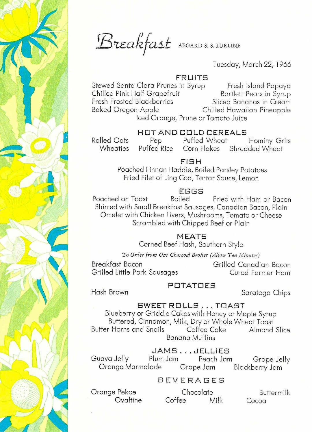 SS Lurline Matson Ship Vintage Collectable 1966 Breakfast Menu to