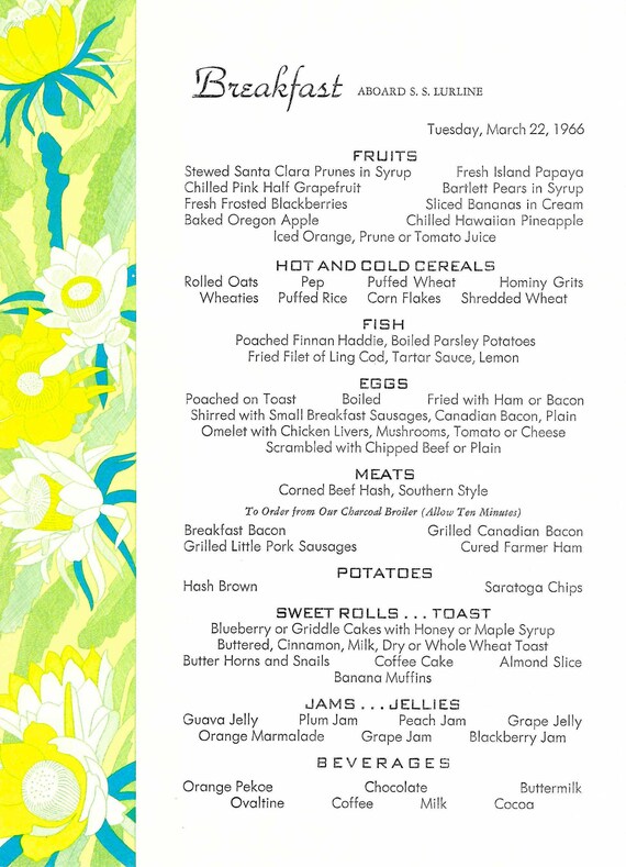SS Lurline Matson Ship Vintage Collectable 1966 Breakfast Menu to