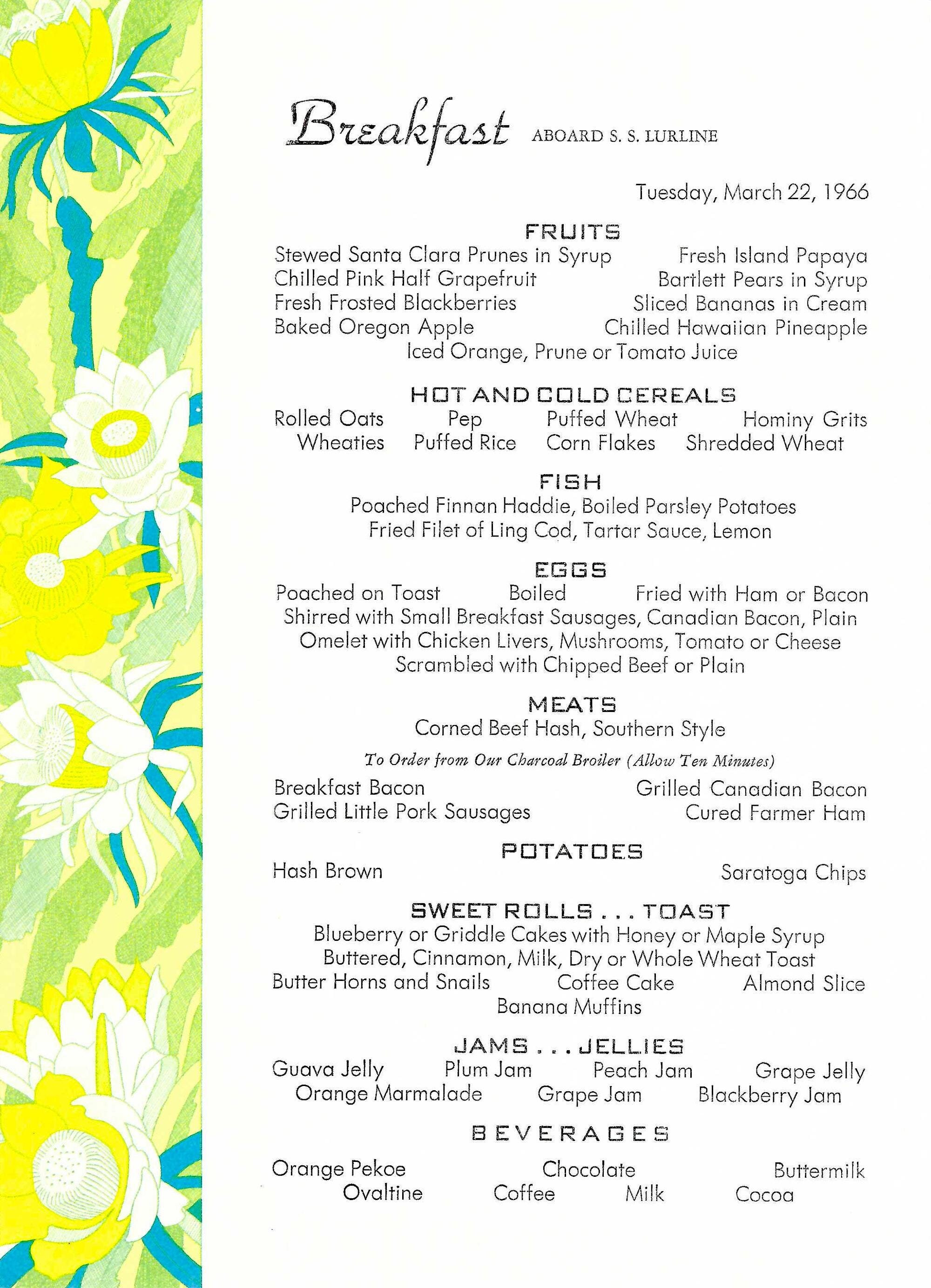 SS Lurline Matson Ship Vintage Collectable 1966 Breakfast Menu to