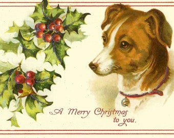 Dog with a Holly Branch Merry Christmas Postcard by Cavallini to Mail or to Frame, Book Making, Collage, Scrapbooking, Paper Arts PSS 5694