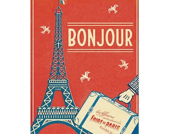 Bonjour Vintage Greeting Card French Hello by Cavallini to Frame or Use in Craft Projects PSS 4435