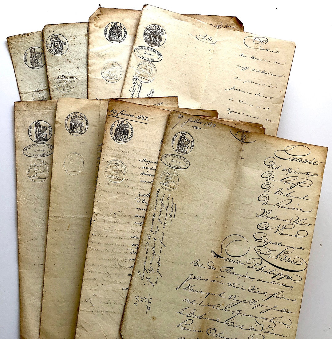 1800年代のフランス公証人による法的文書ページ、8インチ×12インチの
