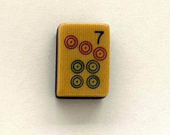 Vintage Piroxloid Mahjong Tile, Butterscotch & Black 2 Layer, French Ivory, 7 Dot 1920s Art Deco Game Piece
