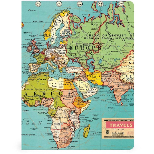 Vintage World Map Journal Notebook by Cavallini & Co. Blank Grid Lined Journal, Writing, Diary, List Notebook PSS 5652