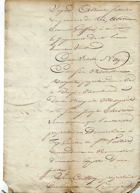 1800年代のフランス公証人による法的文書ページ、8インチ×12インチの