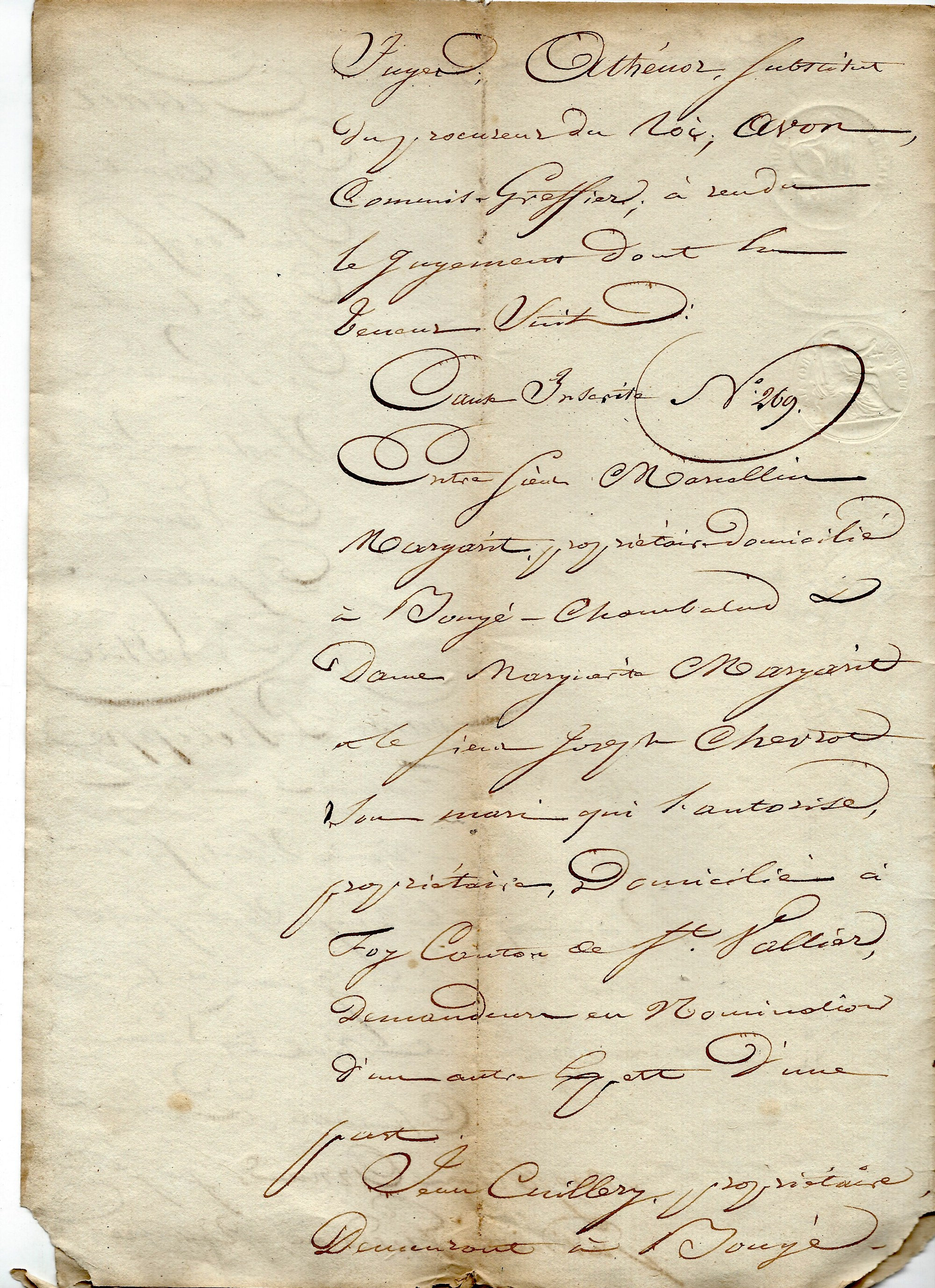 1800年代のフランス公証人による法的文書ページ、8インチ×12インチの