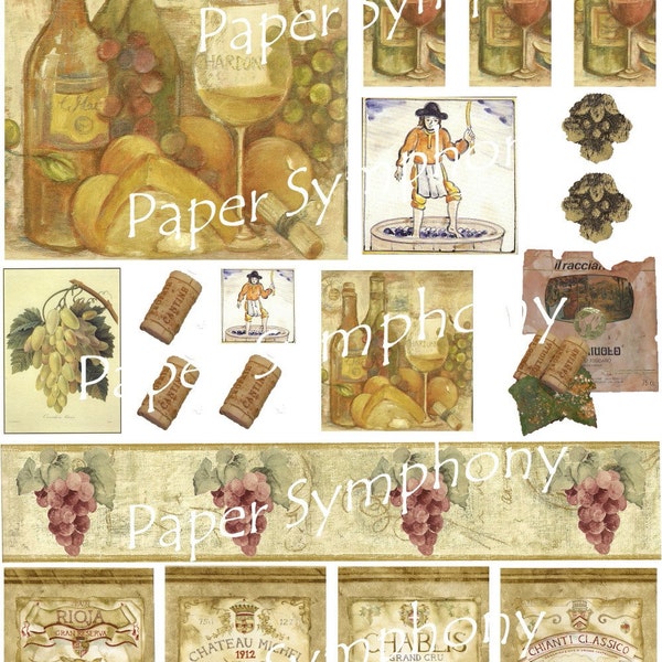 Wine Related Imagery Digital Collage Sheet Instant Download for Paper Arts, Scrapbooking, Mixed Media, Assemblage and MORE PSS 0552