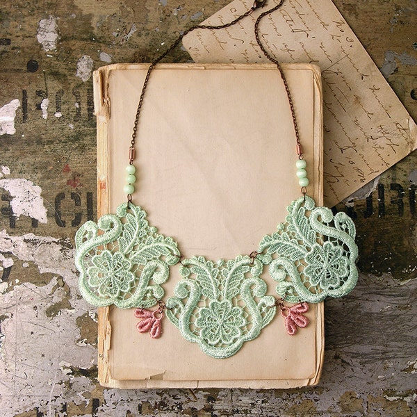 lace bib necklace // KALLISTO // mint and blush pink bib necklace // statement necklace // wedding