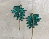 teal earrings / boho chic earrings / long lace earrings / MARTINE / feather earrings / statement earrings, festival jewelry, monstera leaf