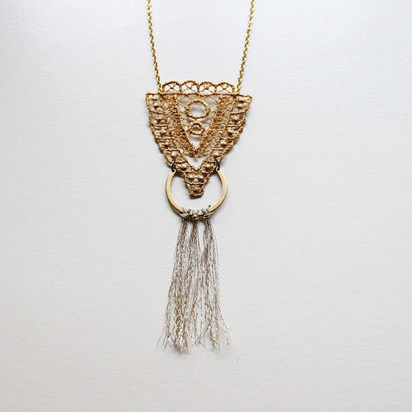 gold fringe necklace // CHRYSOS // tassel necklace / long lace necklace / boho chic / geometric necklace, art deco,  long statement necklace