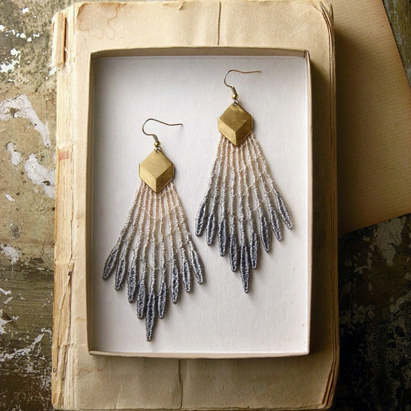 statement earrings - lace earrings- GALATEA- gray ombre - tribal -modern - geometric - spike - gift- boho chic