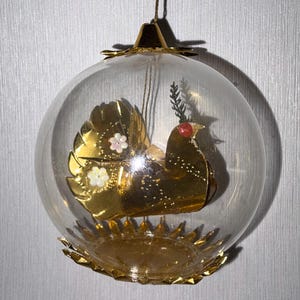 Vintage Mid Century Gold Foil with Red Bead  Partridge Bird Christmas Tree Glass Bulb Ornament West Germany Resl Lenz