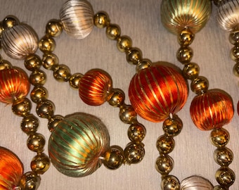 Vintage Mid Century Gold Mercury Glass Bead Strand and Orange Creme and Green Satin Bulb Garland Christmas Decor 4.5 Feet Japan