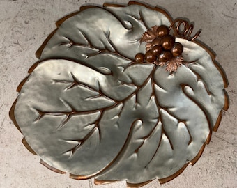 Vintage Mid Century Copper and Silver Tone Metal Large Grape Leaf and Grape Cluster Trinket Dish Made in Italy