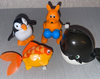 Vintage 80s Tomy Wind Up Plastic Toy LOT of Four Boxing Kangaroo Penguin Whale Fish