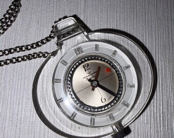 Vintage MOD 60s American Heritage Trice Clear Lucite  Pendant Wind Up Watch Necklace Swiss Made
