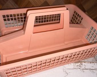 Vintage 80s Peach Plastic Storage Organizational Caddy with Handle