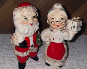 Vintage Mid Century Santa and Mrs Claus Ceramic Christmas Figurine Candle Holders Signed Commodore Japan
