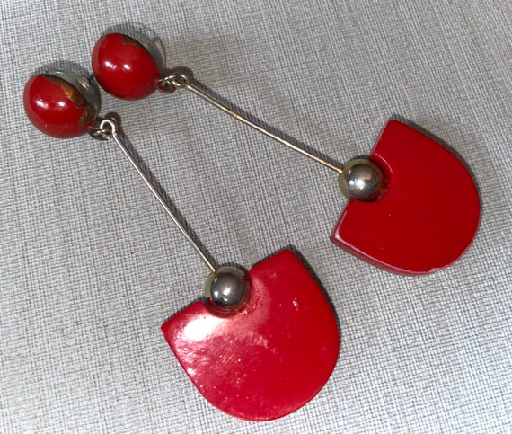 Vintage MOD Red Enamel on Metal Geometric Dangle … - image 2