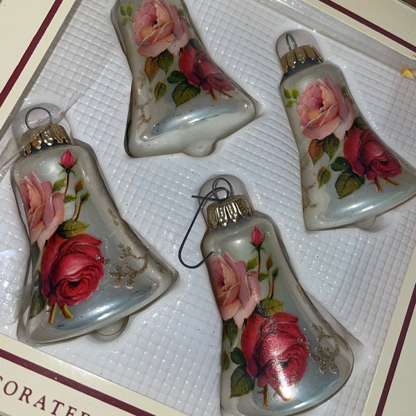 Vintage White Bell with Roses Glass Ornaments LOT of Four with Box by Krebs