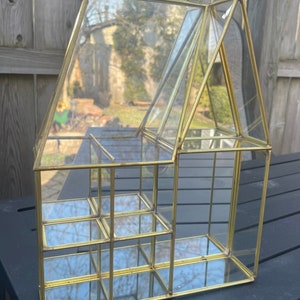 Vintage 80s House of Glass and Mirrors with Brass Frame Display Curio Case Wall Hanging