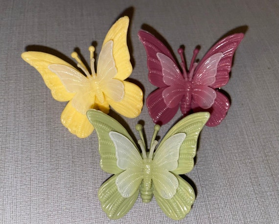 Vintage Yellow Green and Maroon Plastic Butterfly… - image 2