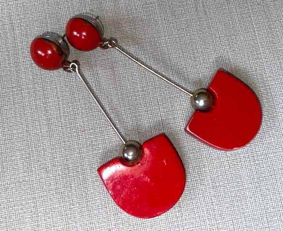 Vintage MOD Red Enamel on Metal Geometric Dangle … - image 3