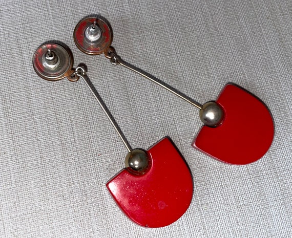 Vintage MOD Red Enamel on Metal Geometric Dangle … - image 4