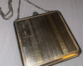 Vintage 30s Art Deco Etched Metal Dance Purse Compact Finberg Mfg