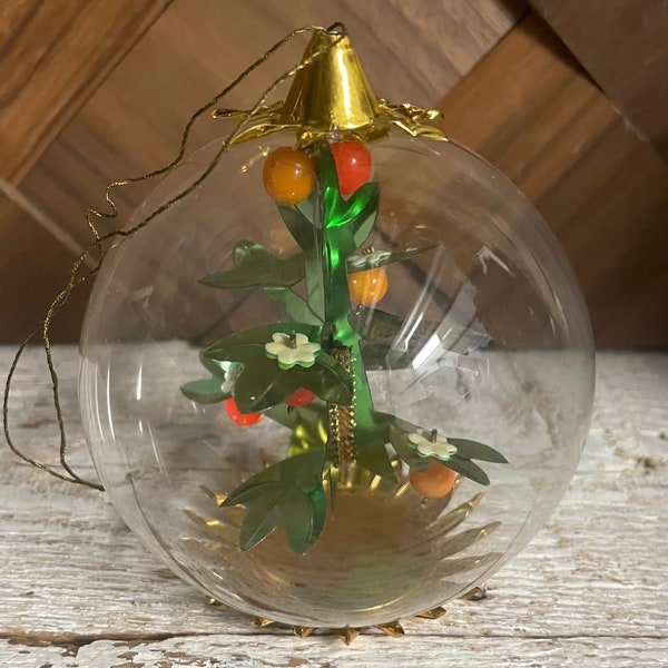 Vintage Mid Century Green Christmas Tree and Gold Foil Glass Bulb Ornament West Germany Resl Lenz