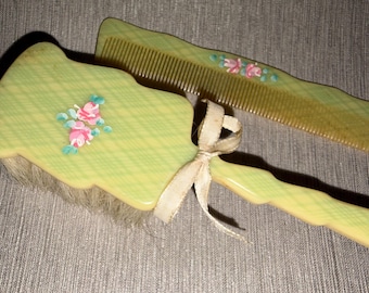 Vintage Green Plaid Motif Celluloid Baby Brush and Comb Set with Box
