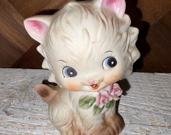 Vintage 80s Ceramic White Kitty Cat Figurine
