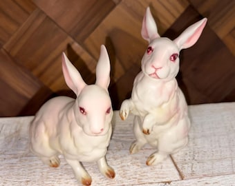 Vintage 60s Lefton Glazed Ceramic Easter Bunny Rabbit Decor Figurine Pair