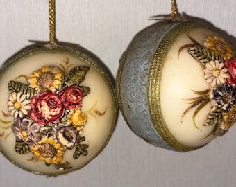 Vintage Mid Century Wax Flower Cluster with Blue Band Christmas Tree Ornament Western Germany LOT of Two