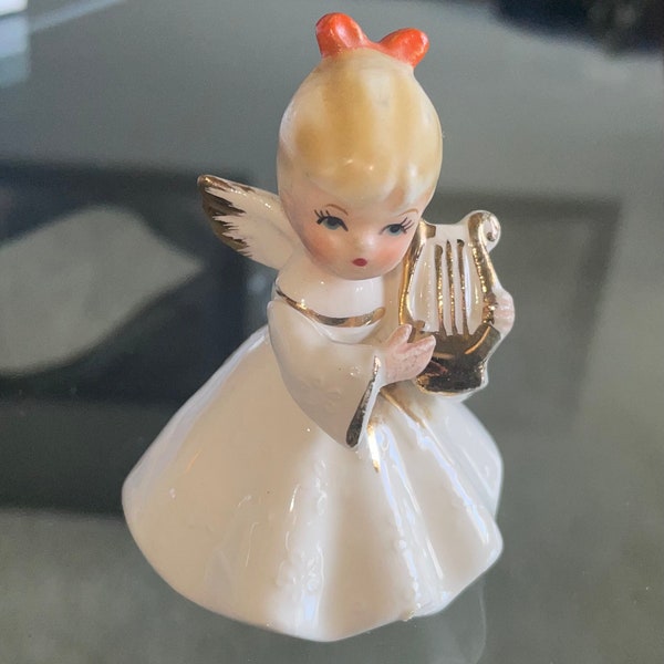 Vintage Mid Century Angel with Harp Ceramic Christmas Figurine Signed Napco Ware