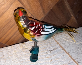 Vintage Red Yellow Blue Bird Foil Tail Glass Clip Christmas Ornament