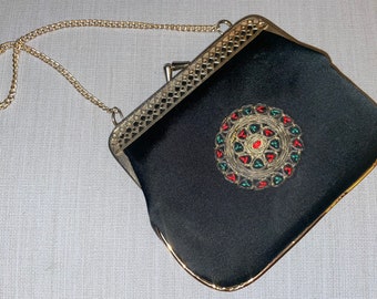 Vintage Black Satin with Embroidered Circle Design Small Evening Bag