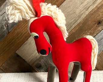 Vintage 50s Red Velour Christmas Horse Stuffed Toy Decor Signed Dream Pets Dakin Japan