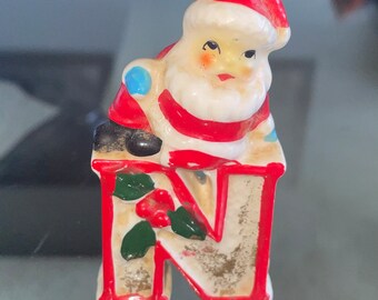 Vintage Mid Century Santa on N for Noel Ceramic Christmas Figurine