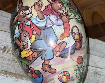 Vintage Huge Graphic Bunny Family Cardboard Easter Egg Candy Container Signed Made in Germany