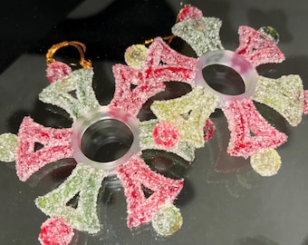 Vintage Sugar Coated Red and Green Bell Motif Plastic Ornaments LOT of Two