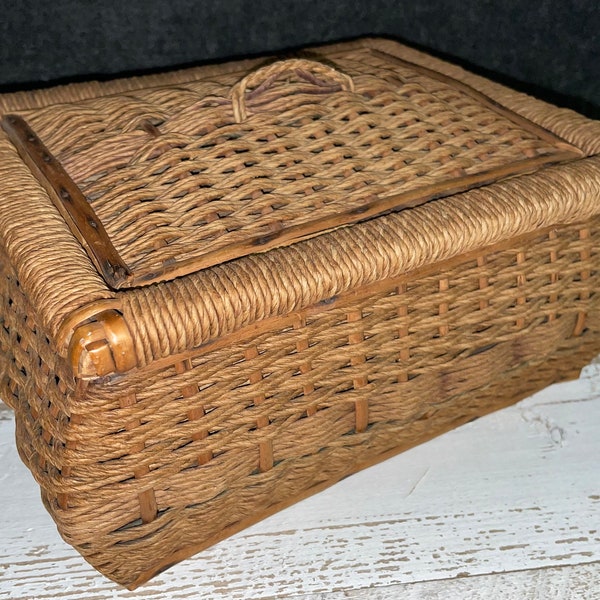 Vintage Mid Century Woven Rattan Sewing Basket