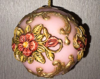 Vintage Mid Century Pink  Wax Flower with Scrolls Christmas Tree Ornament Western Germany