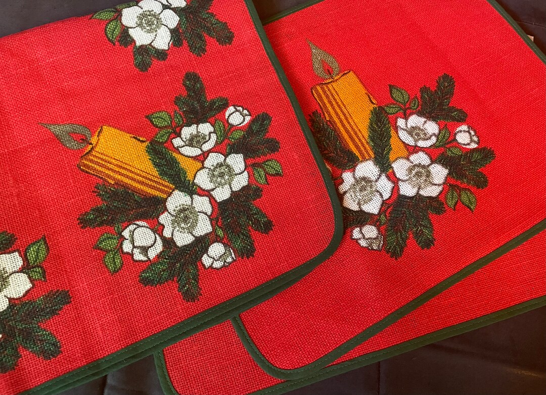 Vintage Red Christmas Candle Jute Placemats and Tablecloth Set by